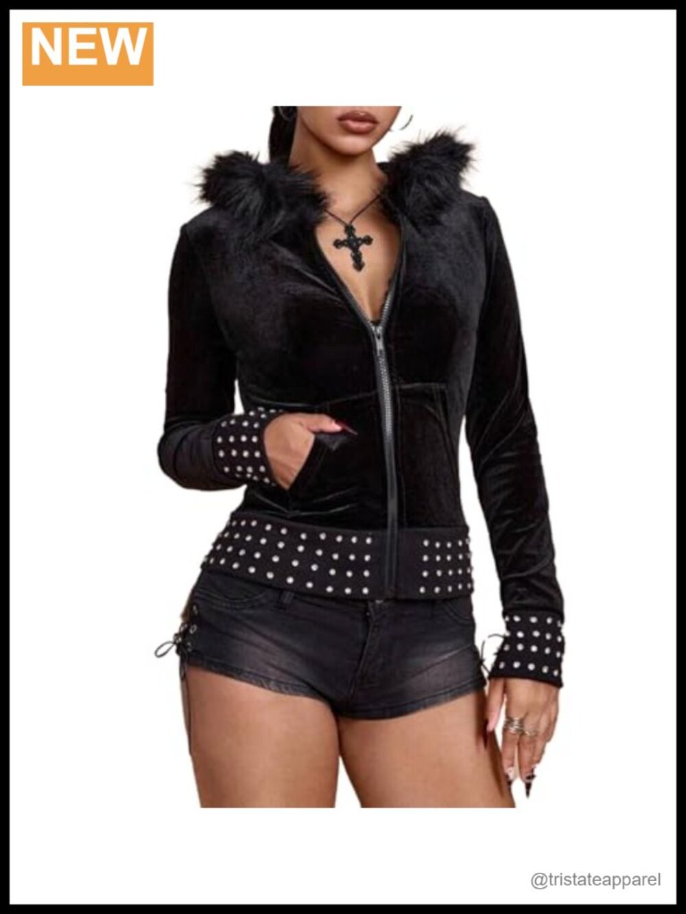 Y2K Faux Fur Hoodie Zip Up Punk Gothic Slim Fit Long Sleeve Women's Top